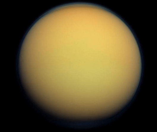 Saturn's moon Titan with its atmospheric haze