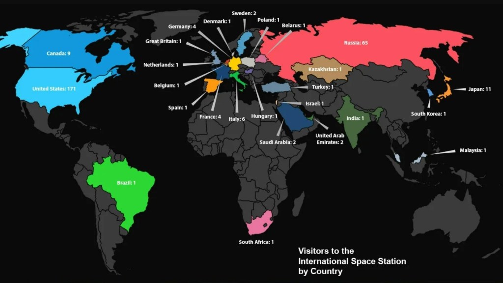 Map showing countries of the world which have sent astronauts to the ISS and the number of astronauts from each country