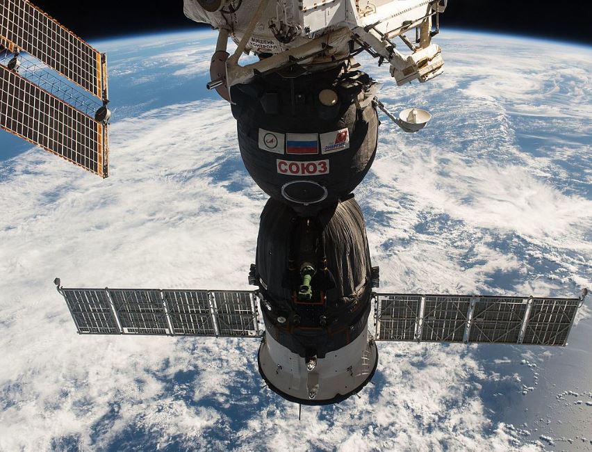 A soyuz spacecraft docked with the ISS
