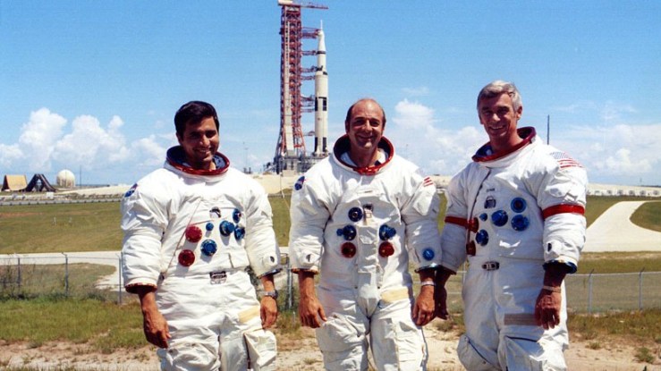 The Apollo 17 crew in front of their spacecraft