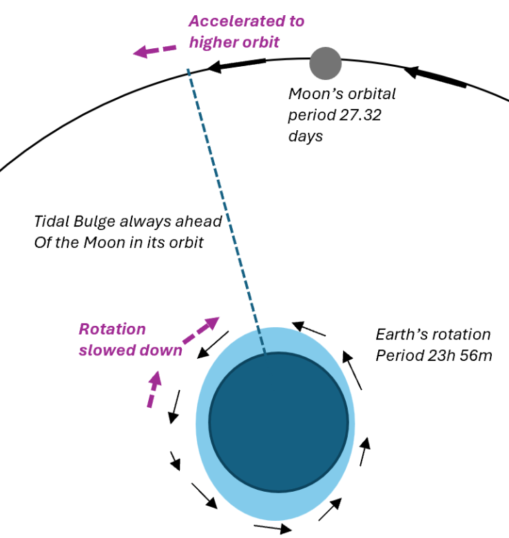 Tidal acceleration causes the Moon to move to a higher orbit and the Earth's rotation to slow down