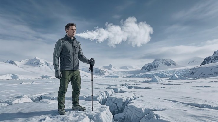 A man standing on the frozen Antarctic Ice, wearing casual outdoor clothing.