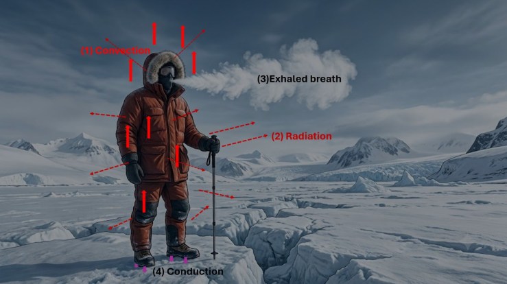 The different mechanisms of heat loss from a polar explorer standing on the surface of the Antarctic ice