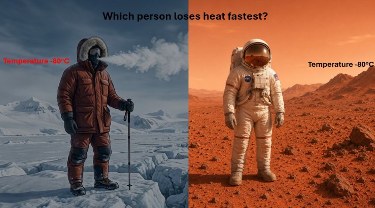 A polar explorer standing on the frozen Antarctic Ice and an astronaut wearing a spacesuit on the surface of Mars