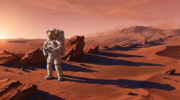 An astronaut walking on the surface of Mars wearing a spacesuit in the early morning Sun