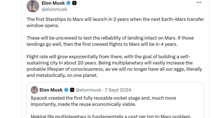 A tweet from Elon Musk supporting the idea of building a self-sustaining city on Mars