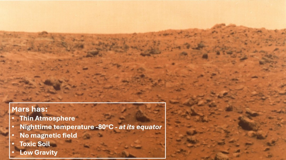 The dry barren Martain surface with the reason why it is such a hostile environment e.g. the very low atmospheric pressure