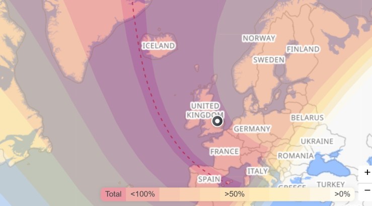 The track of the 12 August 2026 solar eclipse as it passes through Europe