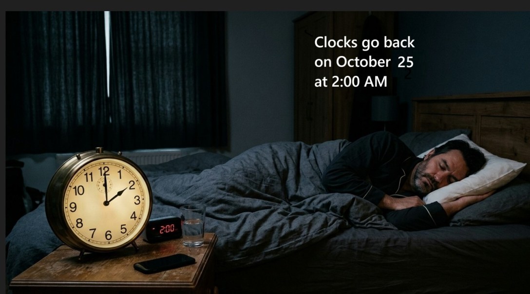 Sleeping man with caption clocks go back 25 October at 2 AM
