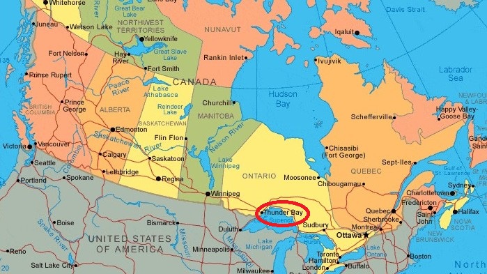 The location of Thunder Bay in canada